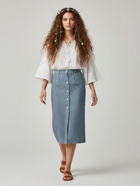 VTG Handmade Seersucker Maxi Skirt Button Front Pockets Blue White Stripe Sz M